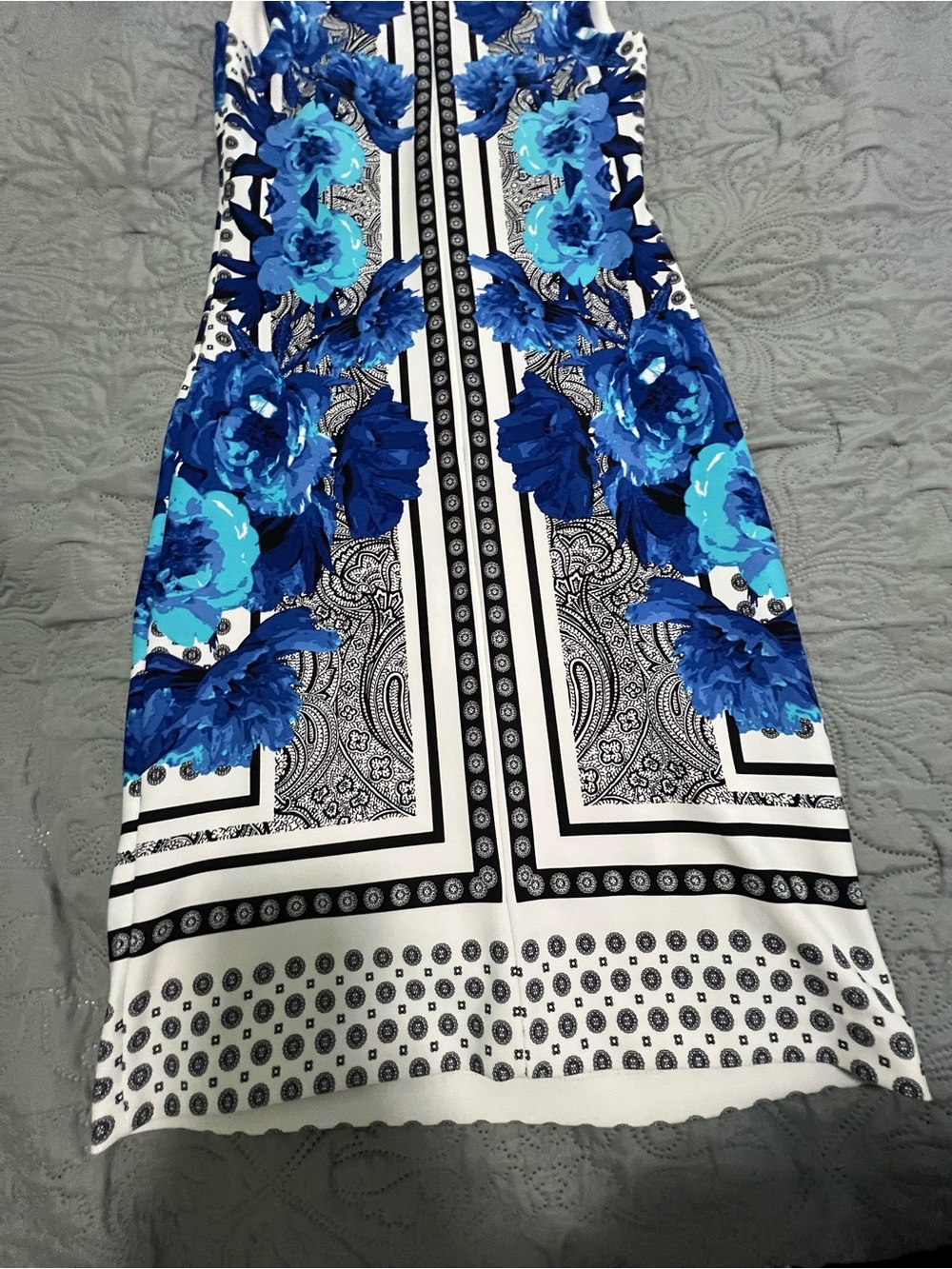 INC Floral Paisley Border Print Sheath Dress Blue White Black Scuba Stretch XSโ - Picture 5 of 6